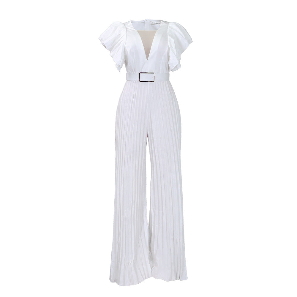 Women's Mesh Sexy Pleated Wide Leg Fitted Jumpsuits