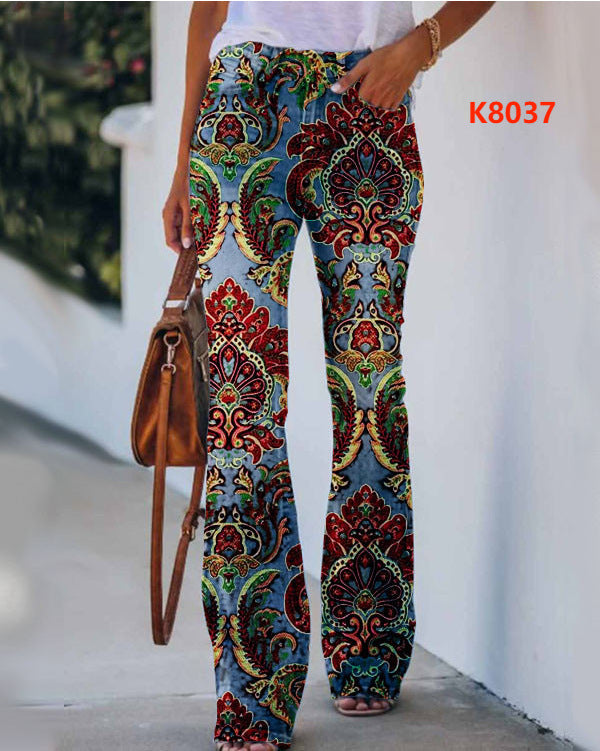Women's Large Casual Imitation Denim Bell-bottom Floral Pants