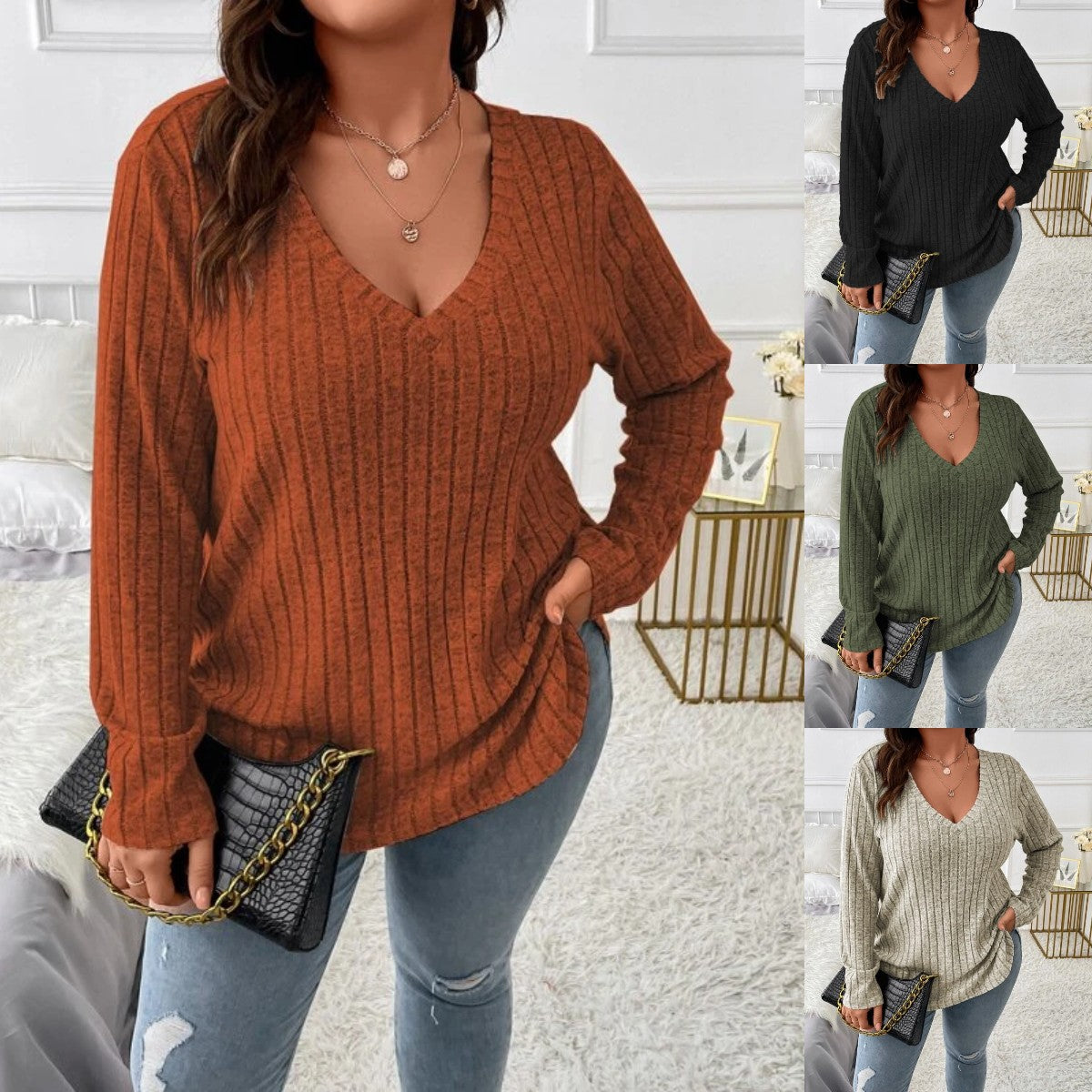 Women's Solid Color Clothes Long Sleeve Sunken Stripe Brushed Loose Tops
