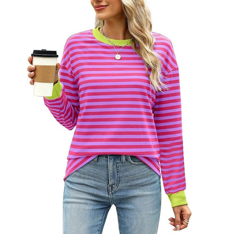 Women's Fashion Color Contrast Loose Round Neck Women's T-shirt