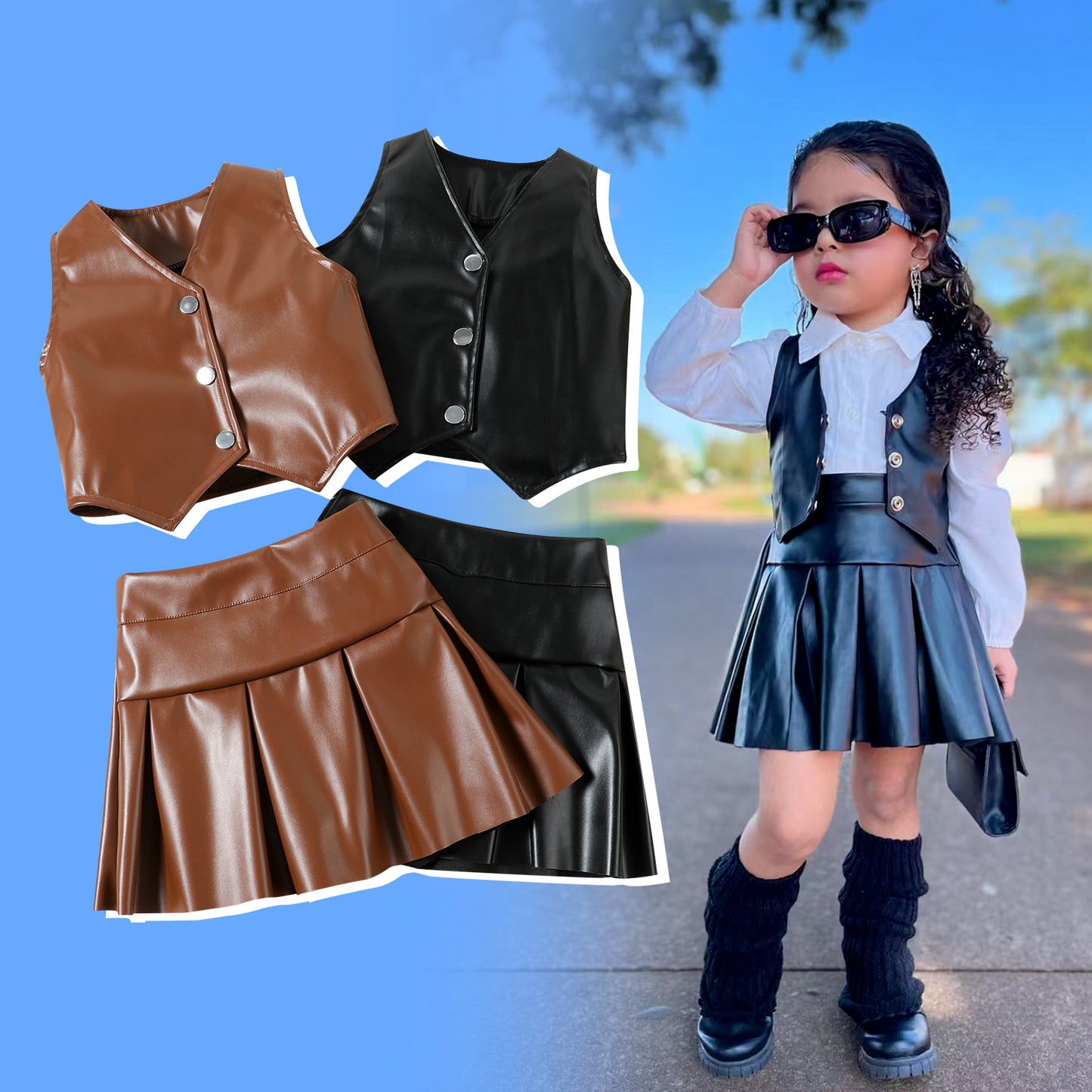 Fashionable Leather Single-breasted Vest Top Pleated Children's Suit