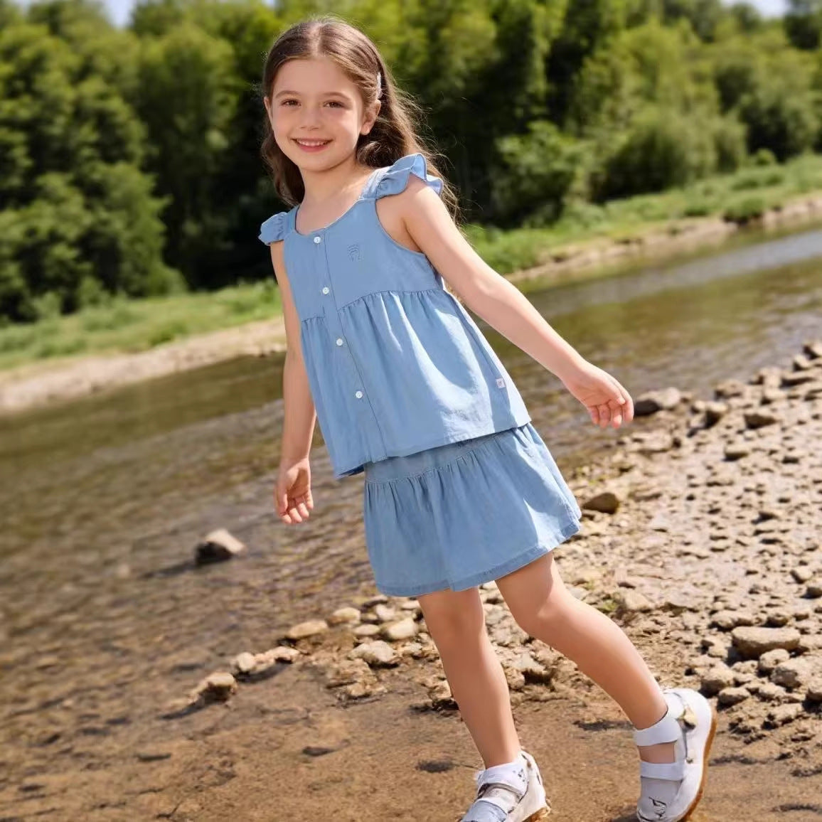 Children's Western Style Suspender Skirt Thin Sleeveless Princess Clothes Imitation Denim Children's T-shirt