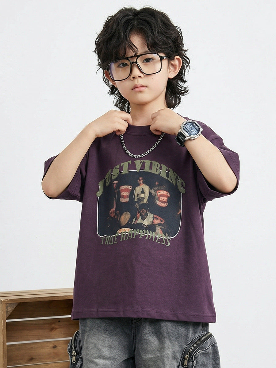 Children's Boys Middle Big American Retro Cotton Short-sleeved Children's T-shirt