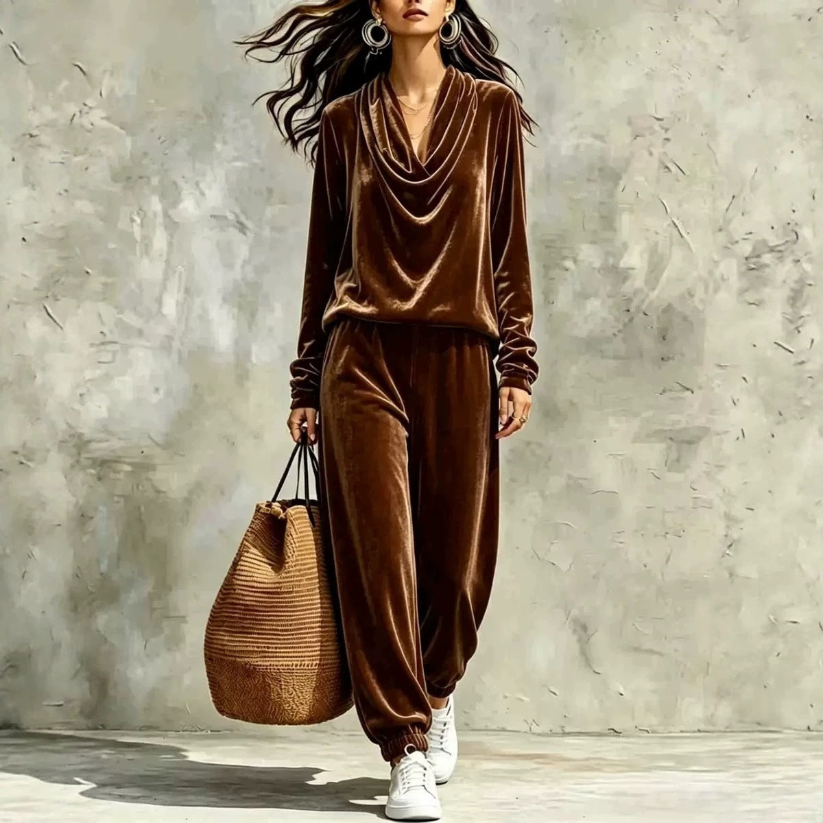Women's Draped Collar Long Sleeve Ankle Banded Pants