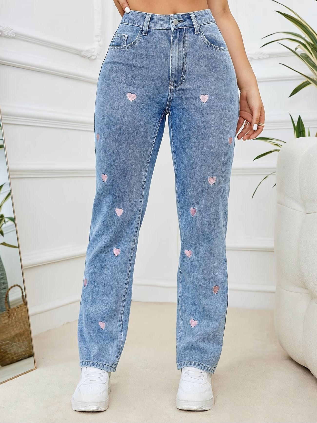 Women's Love Embroidered Straight Loose Elastic Denim Women's Jeans