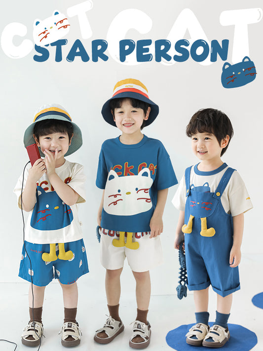 Cat Printing Short-sleeved Contrast Color Loose Shirt Cool Shorts Series Children's T-shirt
