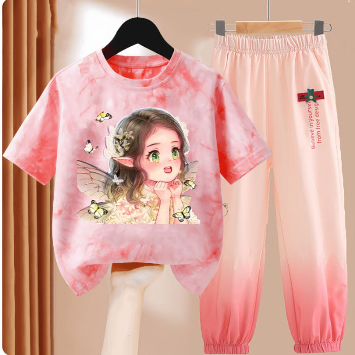 Clothes T-shirt Medium Large Short Sleeved Ice Silk Trousers Two-piece Children's Suit