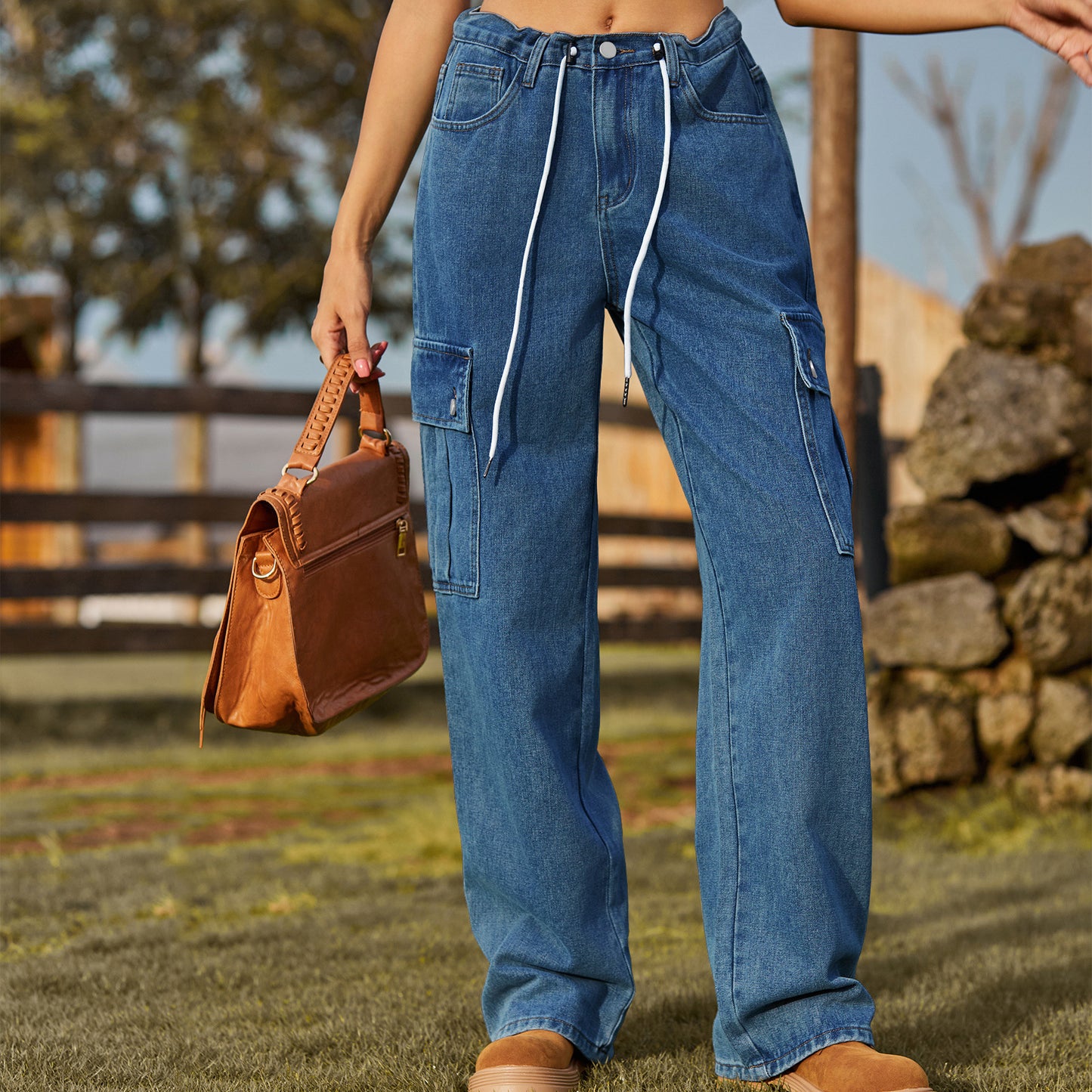 Women's Denim Drawstring Adjustable Washed Cargo Trousers Casual Pants