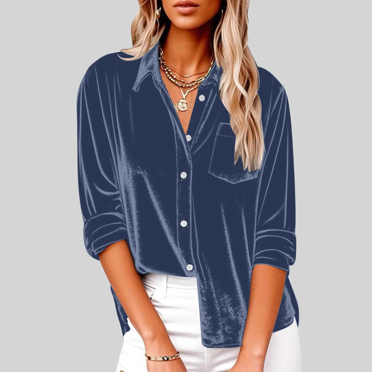 Women's Fashion Casual Long Sleeve Lapel Gold Veet Loose With Blouse