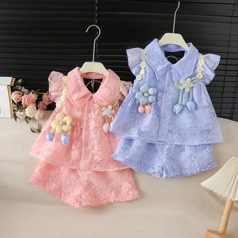 Korean Style Single-breasted Floral Thin Summer Regular Flying Sleeve Children's Suit