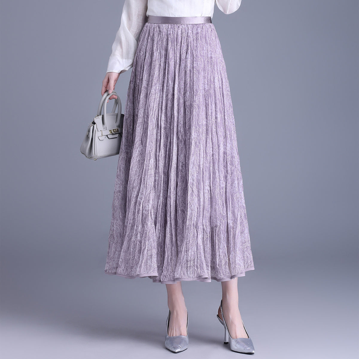 Purple Floral Pleated Autumn Slimming High Waist Crimp Skirt