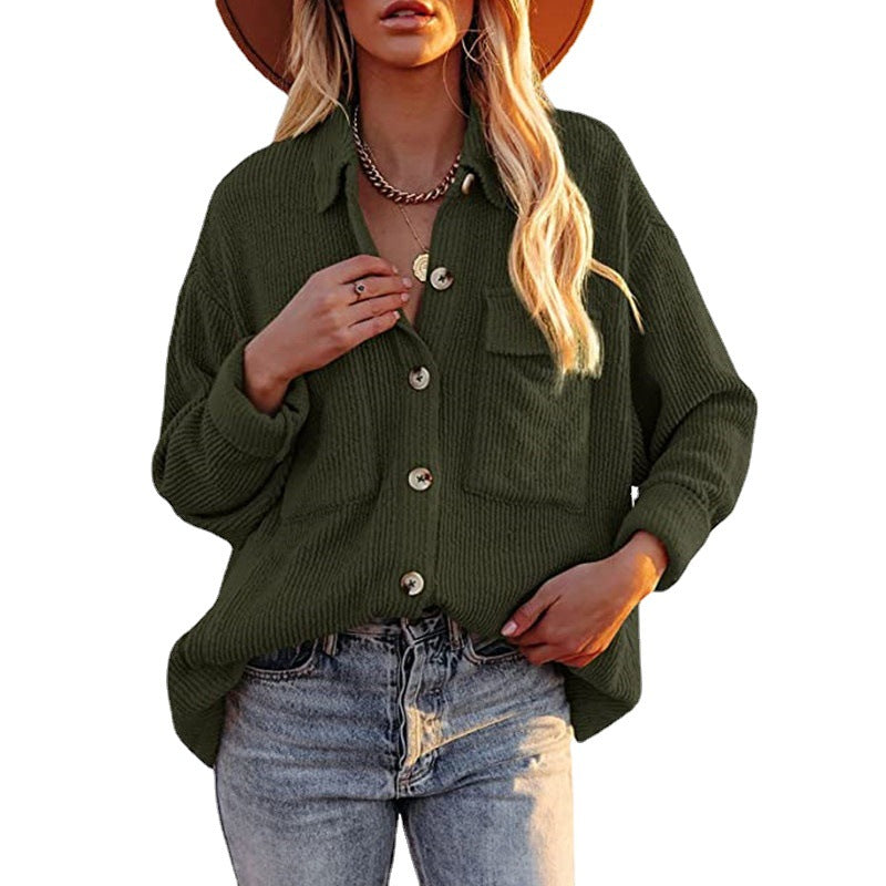 Women's Solid Color Loose Corduroy Lapel Double Pocket Long Coats