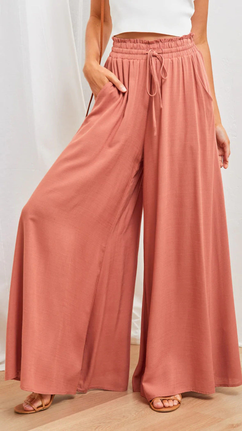 Women's Elastic Waistband Wide Leg High Waist Long Pants