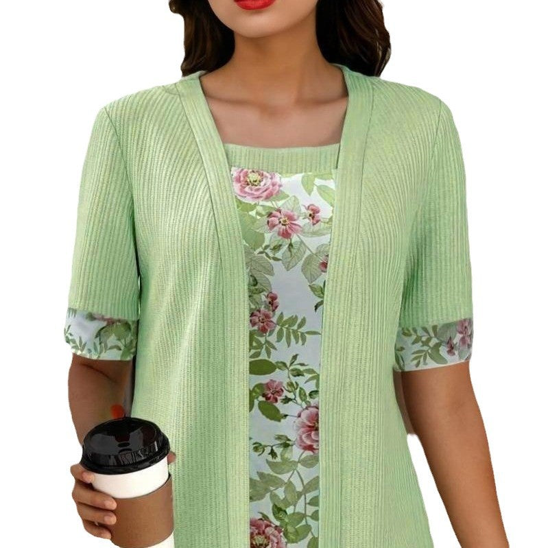 Women's Summer Fake Two Short-sleeved Printed Stitching Women's T-shirt