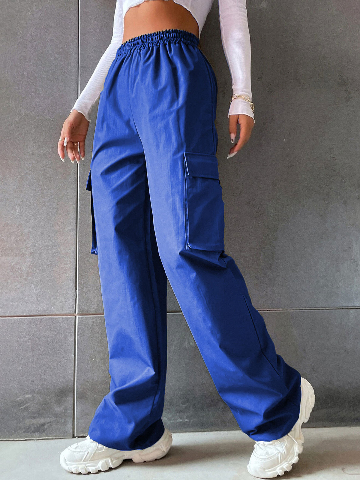 Women's Solid Color High Waist Flip Pocket Casual Pants