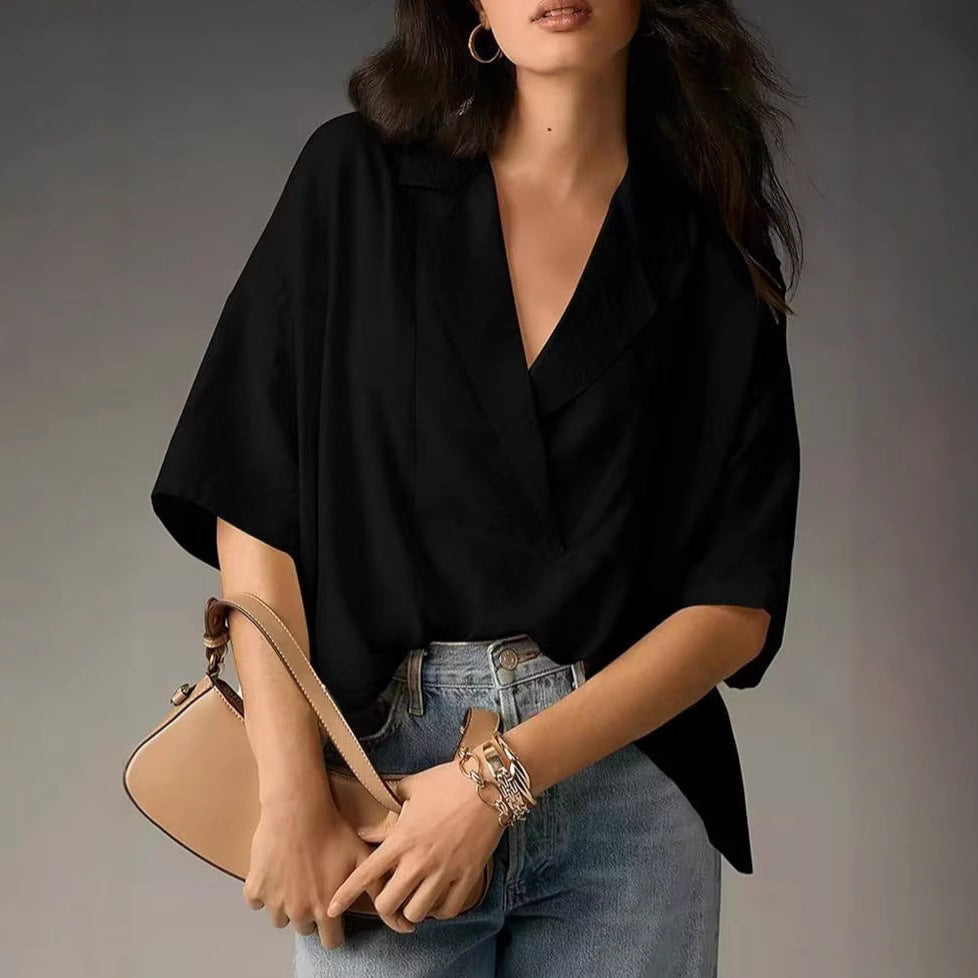 Women's Solid Color Polo Collar Shirt Sleeve Loose Blouse