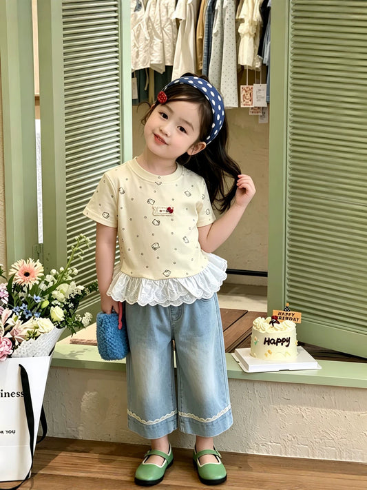 Summer Korean Style Fashionable Floral Stitching Lace Short Sleeve Children's T-shirt