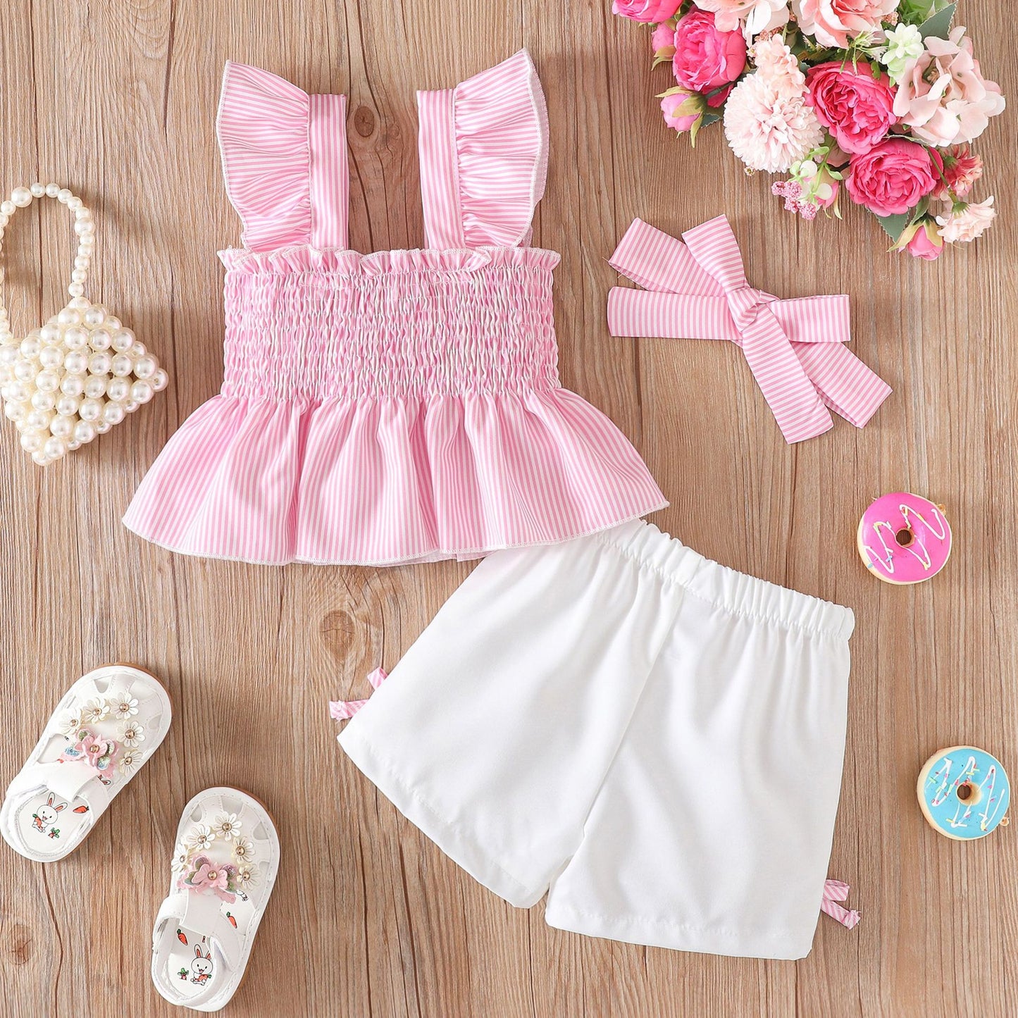 Set Three-piece Striped Smocking Camisole White Children's Suit
