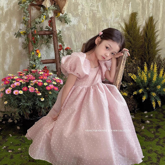 Summer Polka Dot Pearl Yarn Princess Puff Sleeve Swing Children's Dress