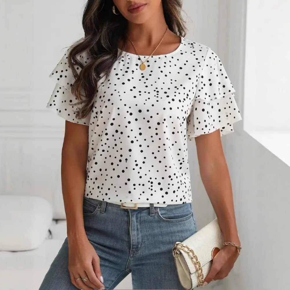 Women's Summer Princess Sleeves Polka Dot Printed Large Size T-shirt