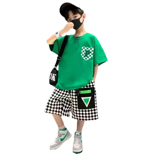 Children's Boy Summer Thin Middle Big Short Sleeve Two-piece Handsome Fashionable Children's Suit