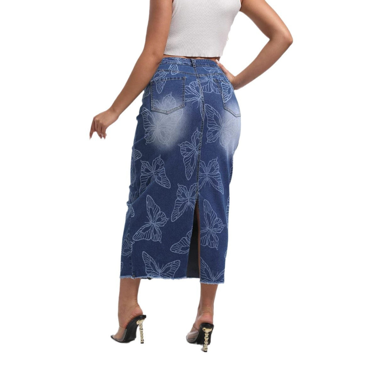 Women's Butterfly Print High Waist Denim Long Skirt