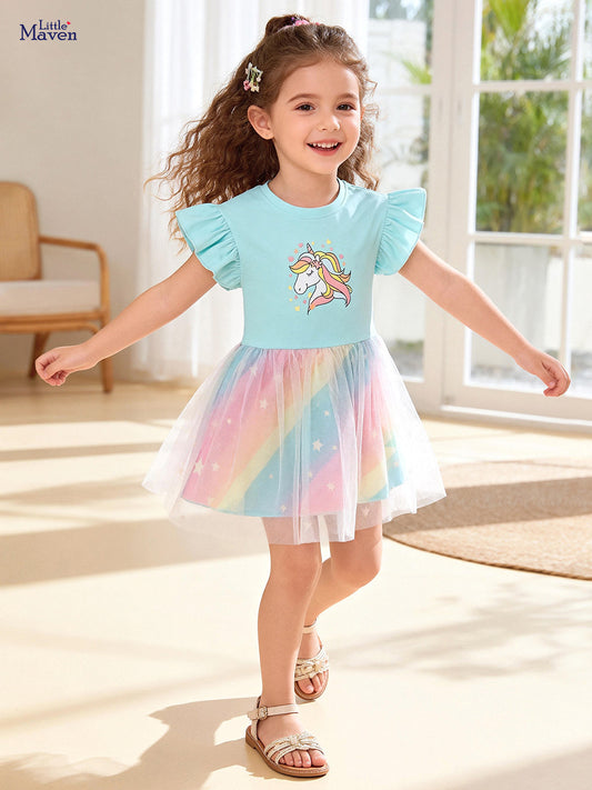 Children's Summer Short Sleeve Mesh Cute Cartoon Children's Dress