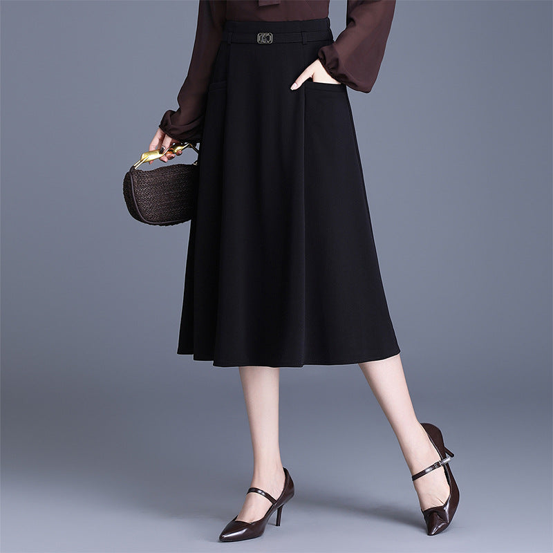 Mid-length Pocket A- Line Solid Color Simple Commute High Waist Skirt