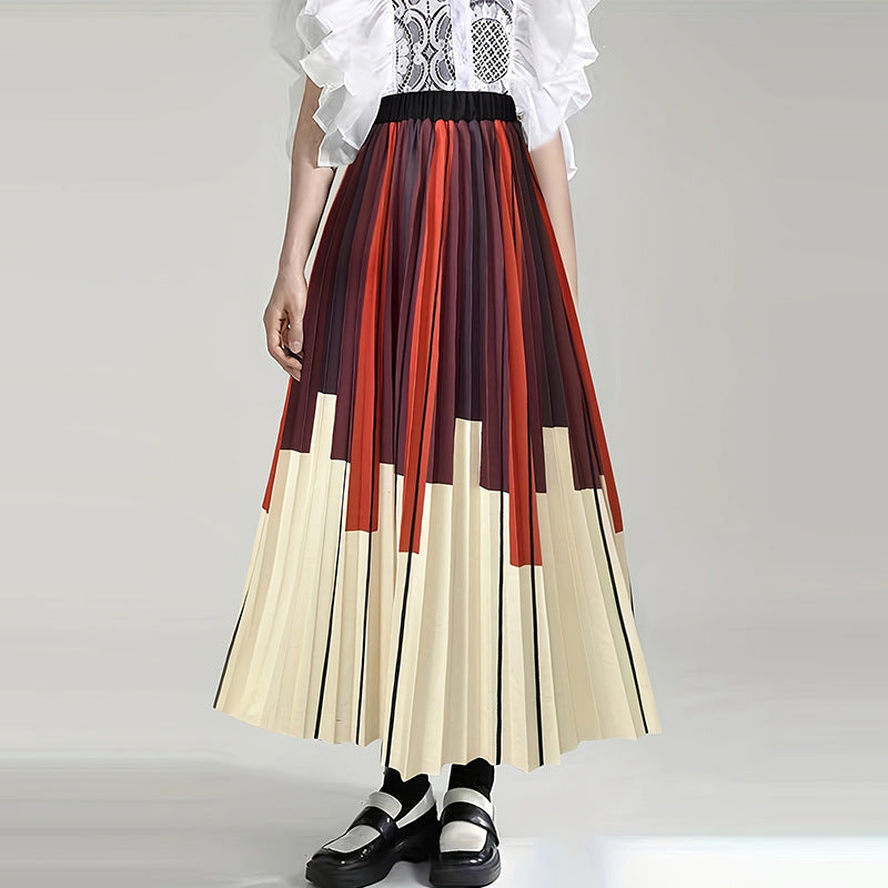 High Waist Pleated Striped Printing Color Contrast Simple Thin Skirt