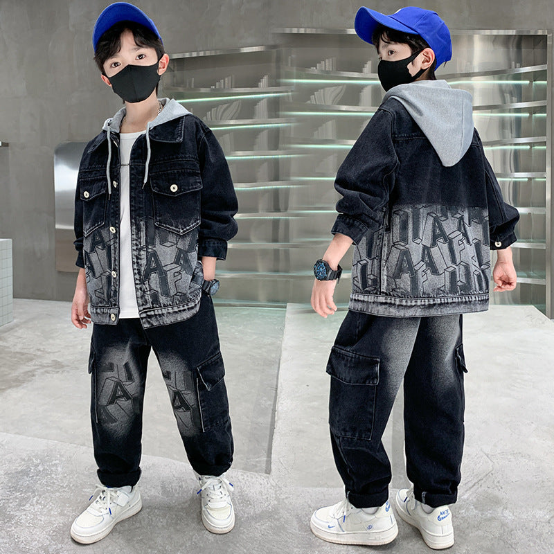 Children's Boy's Denim Medium Big Korean Style Two-piece Children's Suit