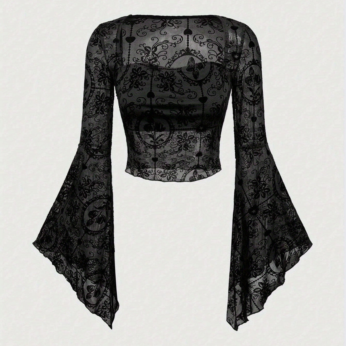 Sexy Mesh Long Sleeve Flared Sleeves Lace Shirt, Chiffon Shirt