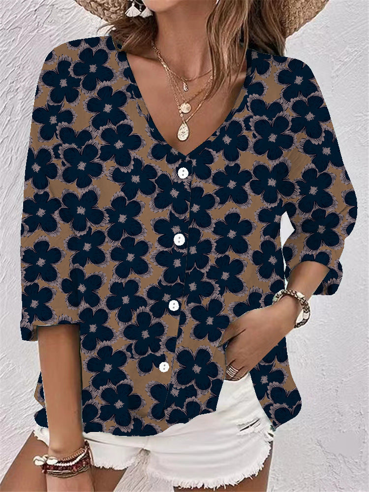 Casual Women's Buttons Printed Long Sleeve Lace Shirt, Chiffon Shirt