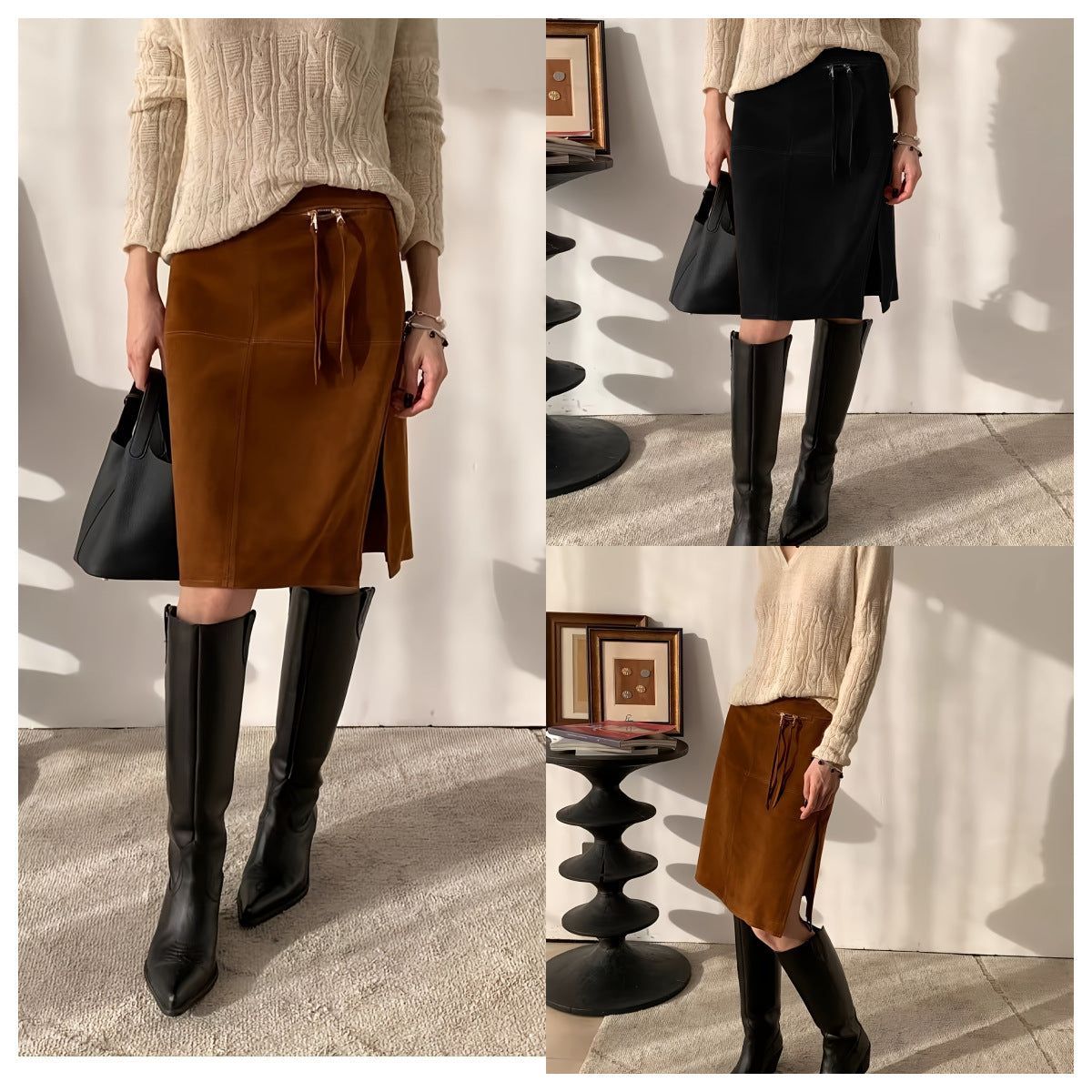 Casual Fashion Suede Old Money Style Retro Pure Skirt