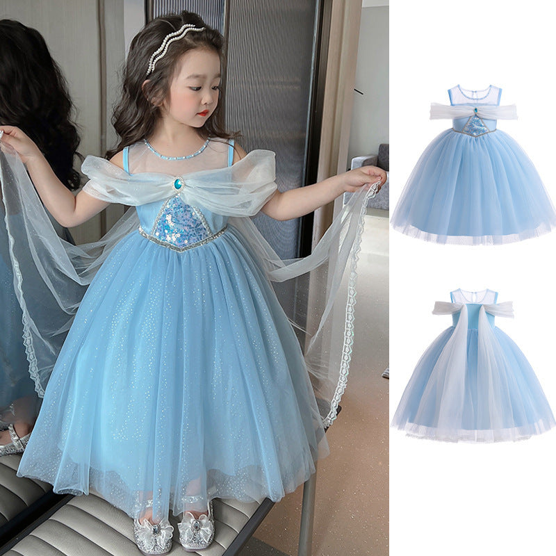 Short Sleeve Elsa Princess Mesh Bubble Children's Dress