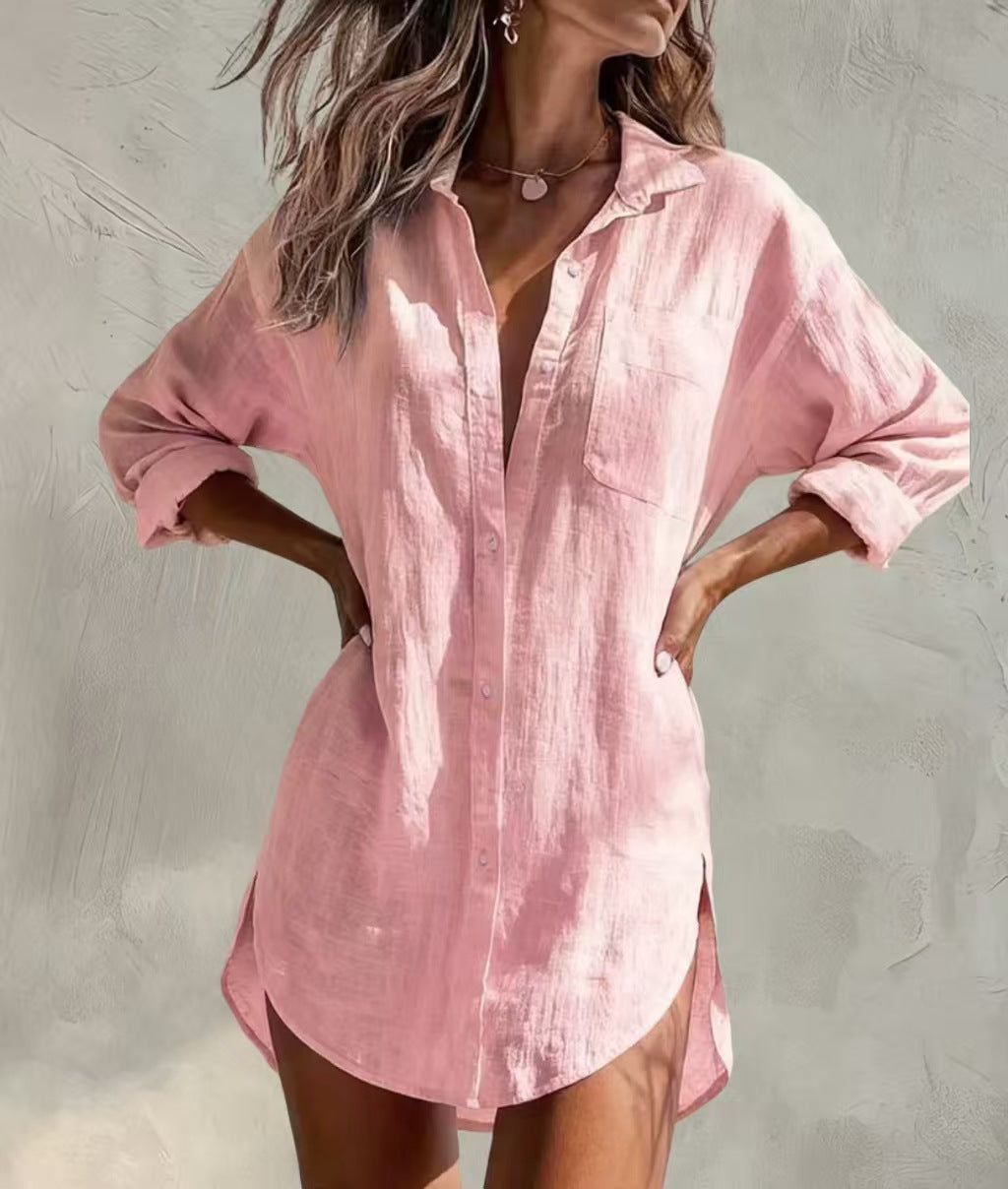 Women's Casual Outerwear Mid-length Lapel Loose Solid Blouse