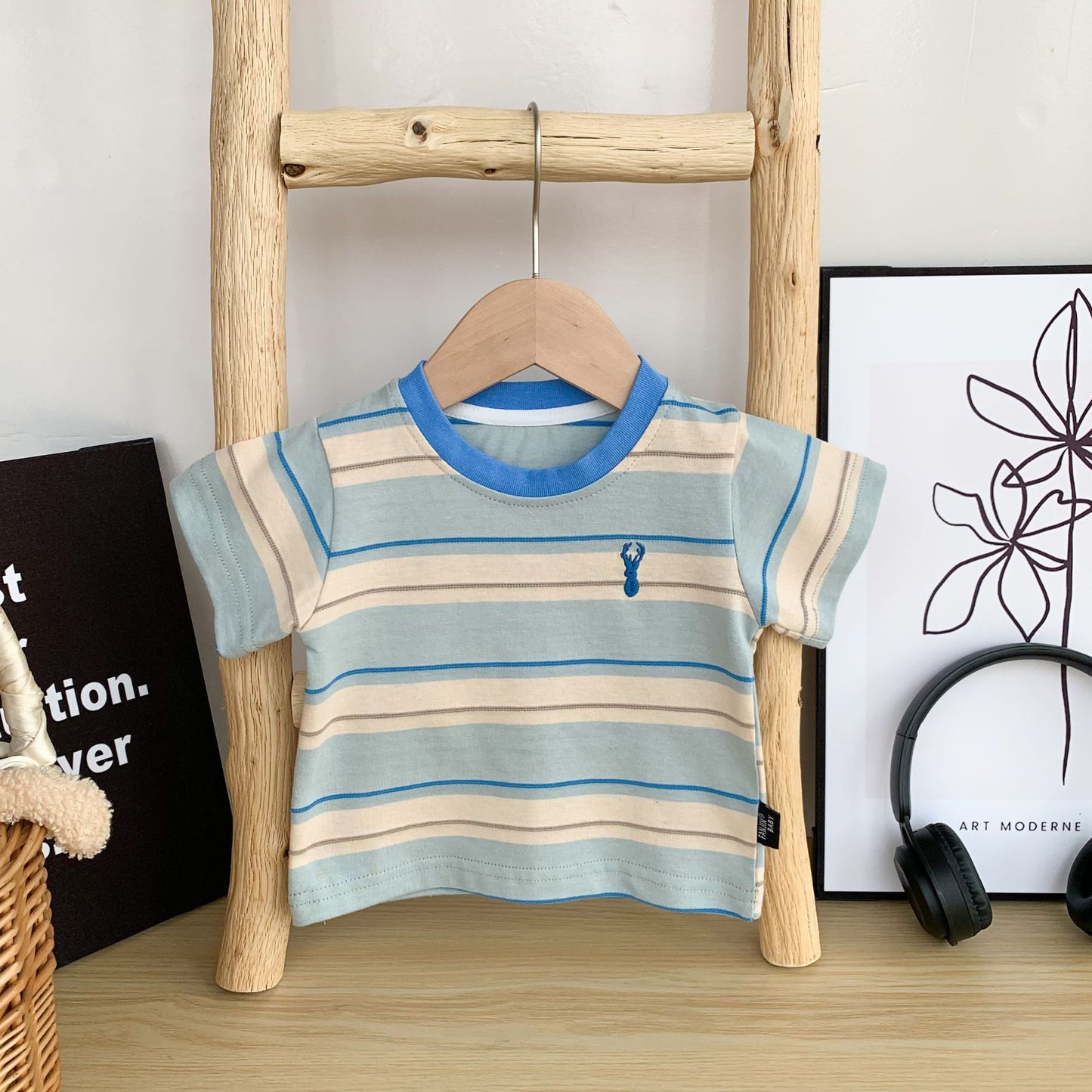 Women's & Men's Infants Summer Striped Embroidery Short-sleeved Shirt Children's T-shirt