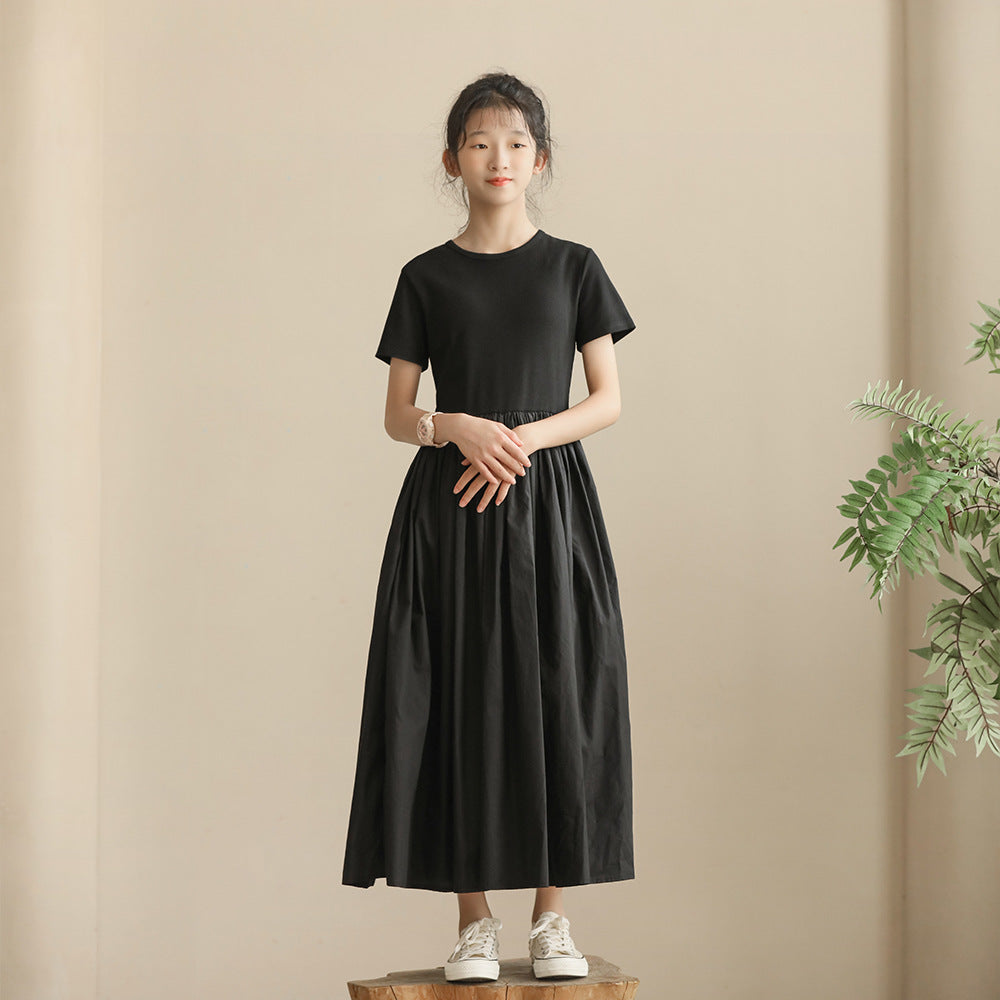 Little Black Medium Large Long Waist Trimming Short-sleeved Temperament Shirt Children's Dress