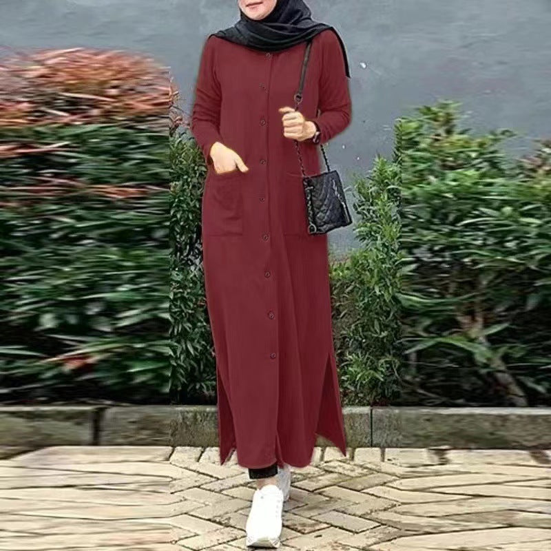 Long Sleeve Solid Color Shirt Dress Loose Side Blouse