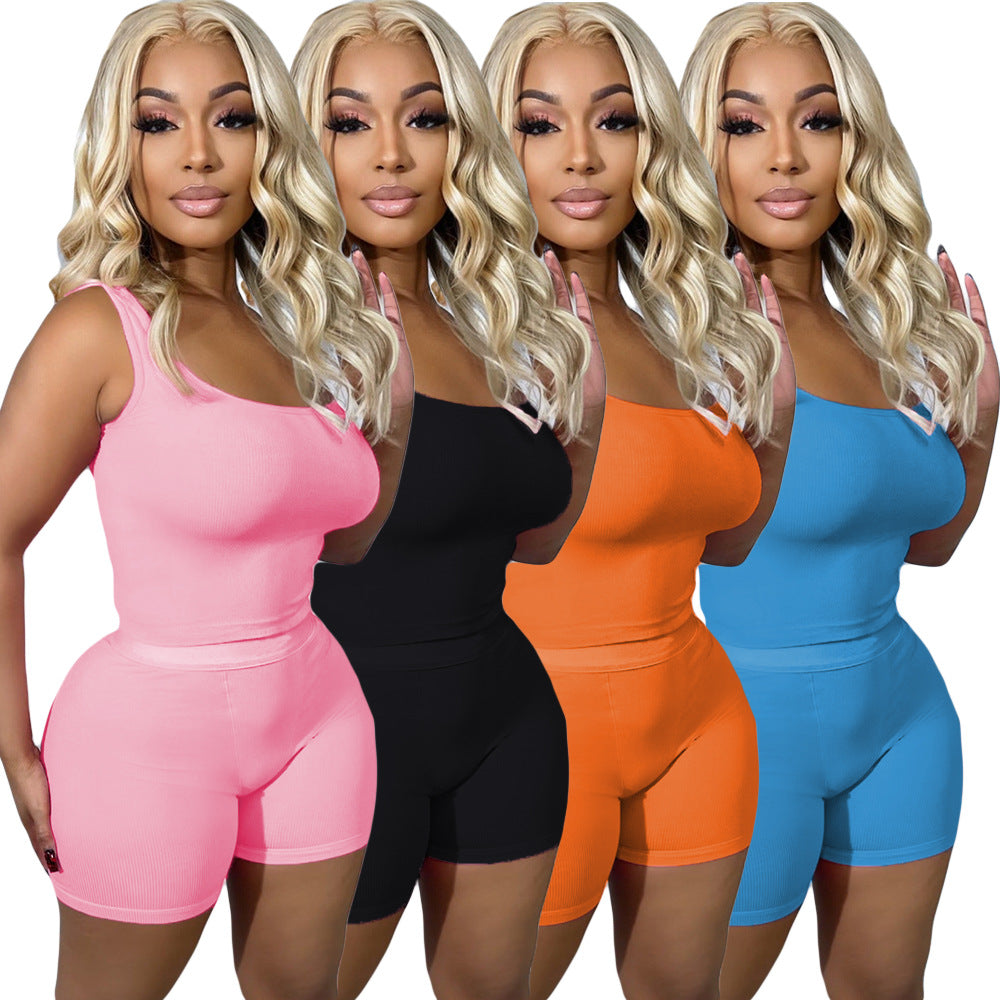 Women's Solid Color Rib Fabric Sports Two-piece Fashion Casual Suit