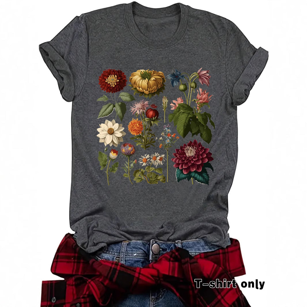 Graceful Floral Print Sleeve Loose Fashion Women's T-shirt