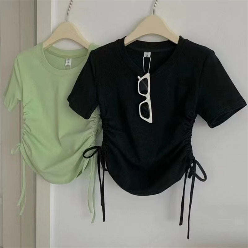 Summer Korean Style Drawstring Solid Color Children's T-shirt