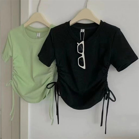 Summer Korean Style Drawstring Solid Color Children's T-shirt
