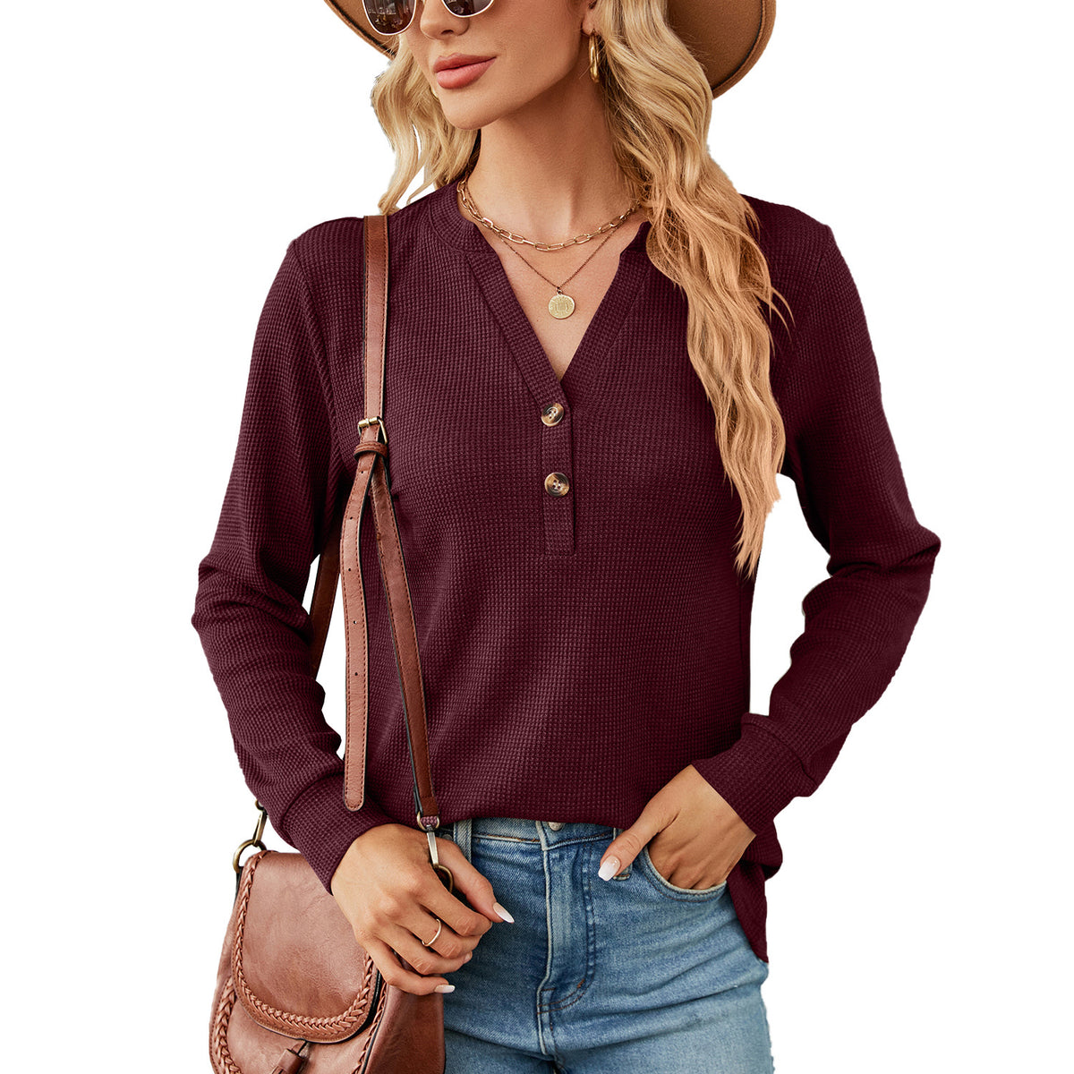 Women's Solid Color Button Loose Long-sleeved Women's T-shirt