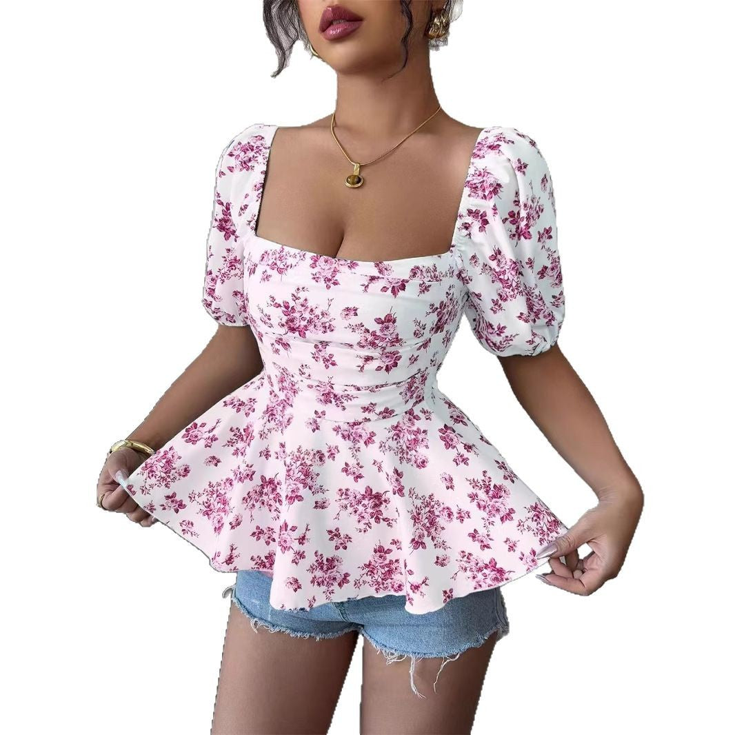 Women's Collar Fashion Slim Sexy Smocking Printed Lace Shirt, Chiffon Shirt