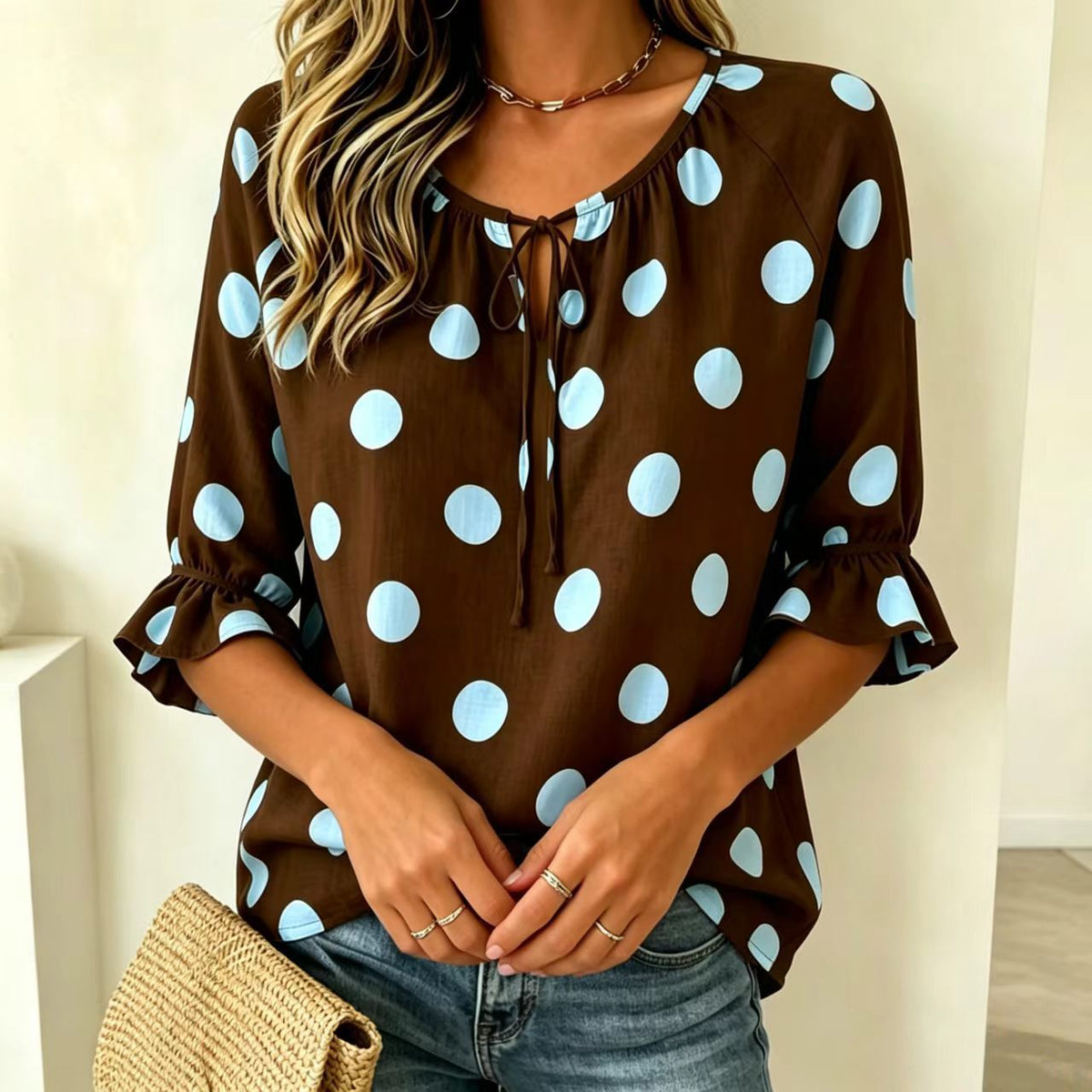 Women's Summer Printed Polka Dot Round Neck Tied Tops