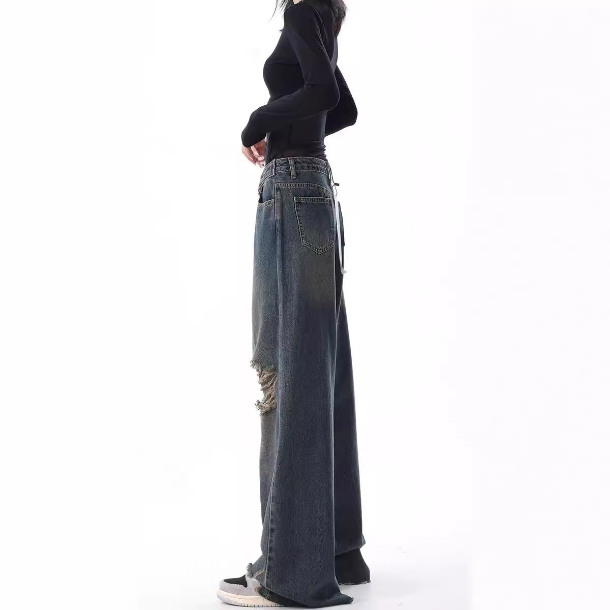 Early Autumn Ripped American Retro Raw Edges Design Loose Wide Jeans