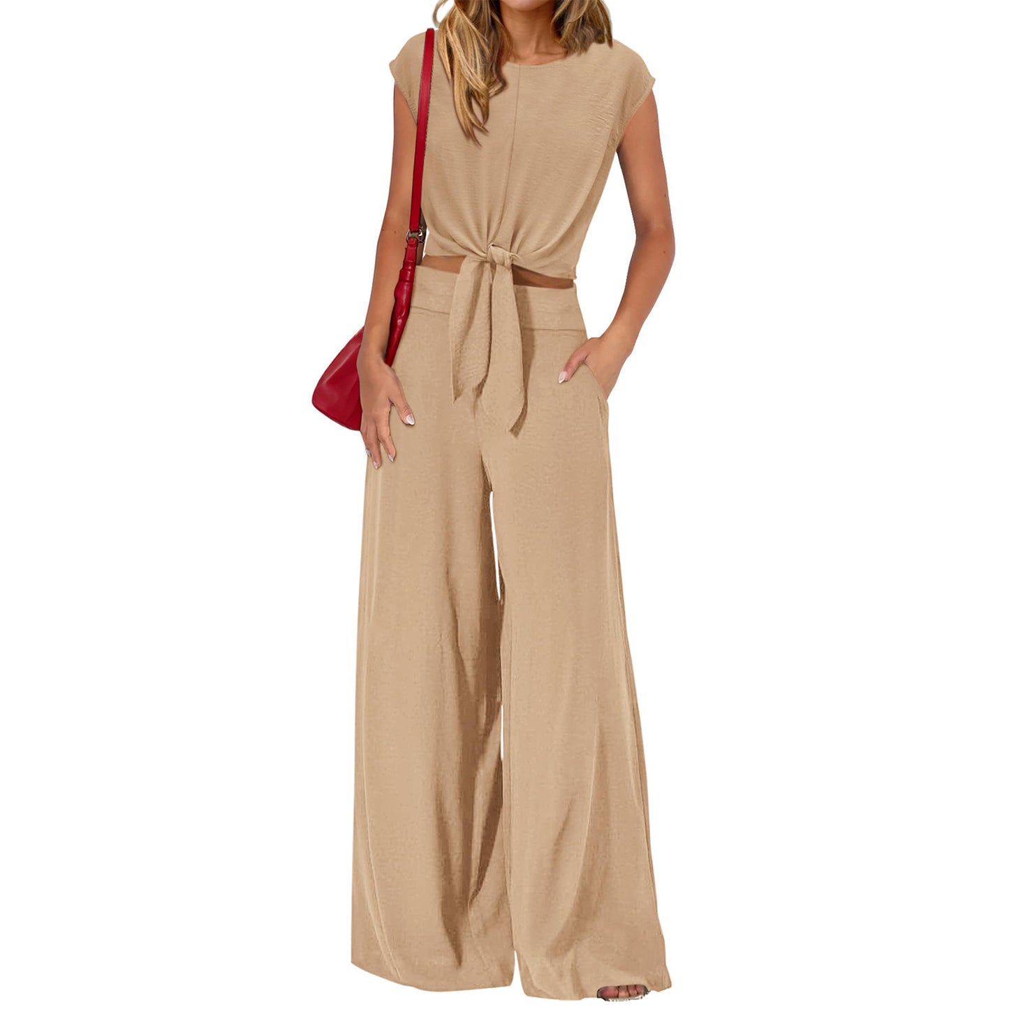 Women's Sleeveless Round Neck Tied Cropped Suits