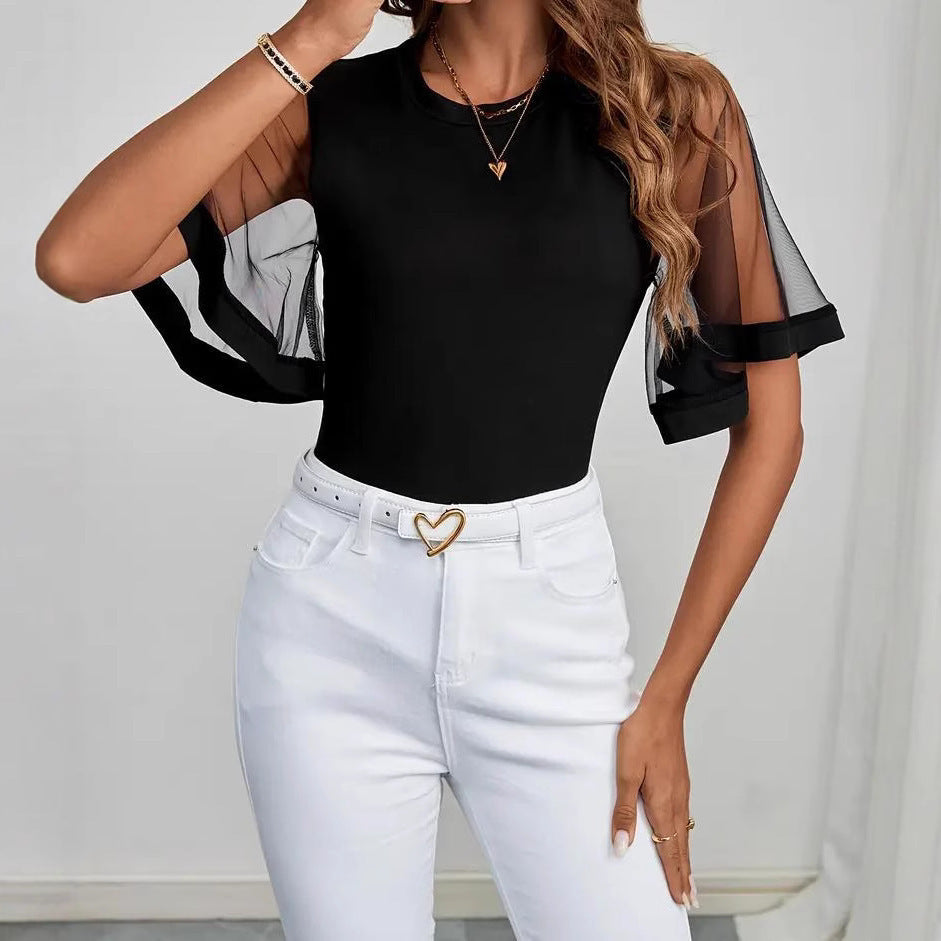 Women's Casual Mesh Stitching Transparent Bell Sleeve Women's T-shirt
