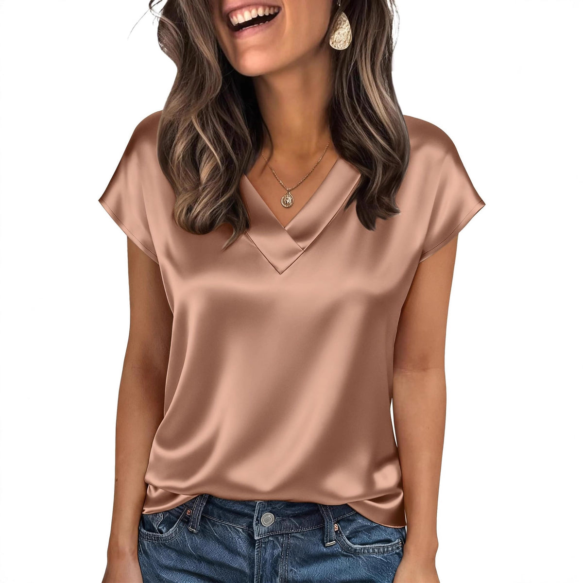 Women's Solid Color Fashionable Satin Short-sleeved Blouse