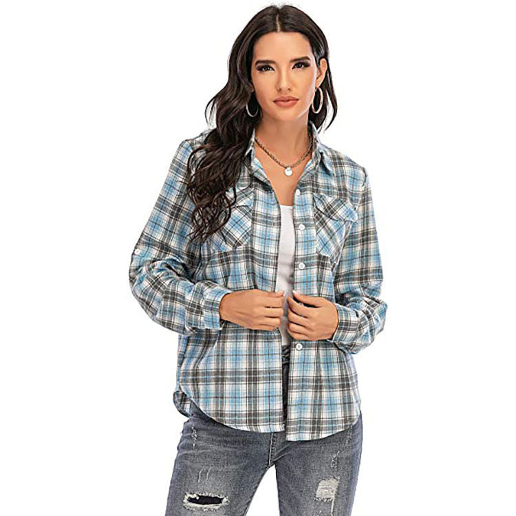 Women's Plaid Shirt Lapel Casual Fashion Double Pocket Long Blouse